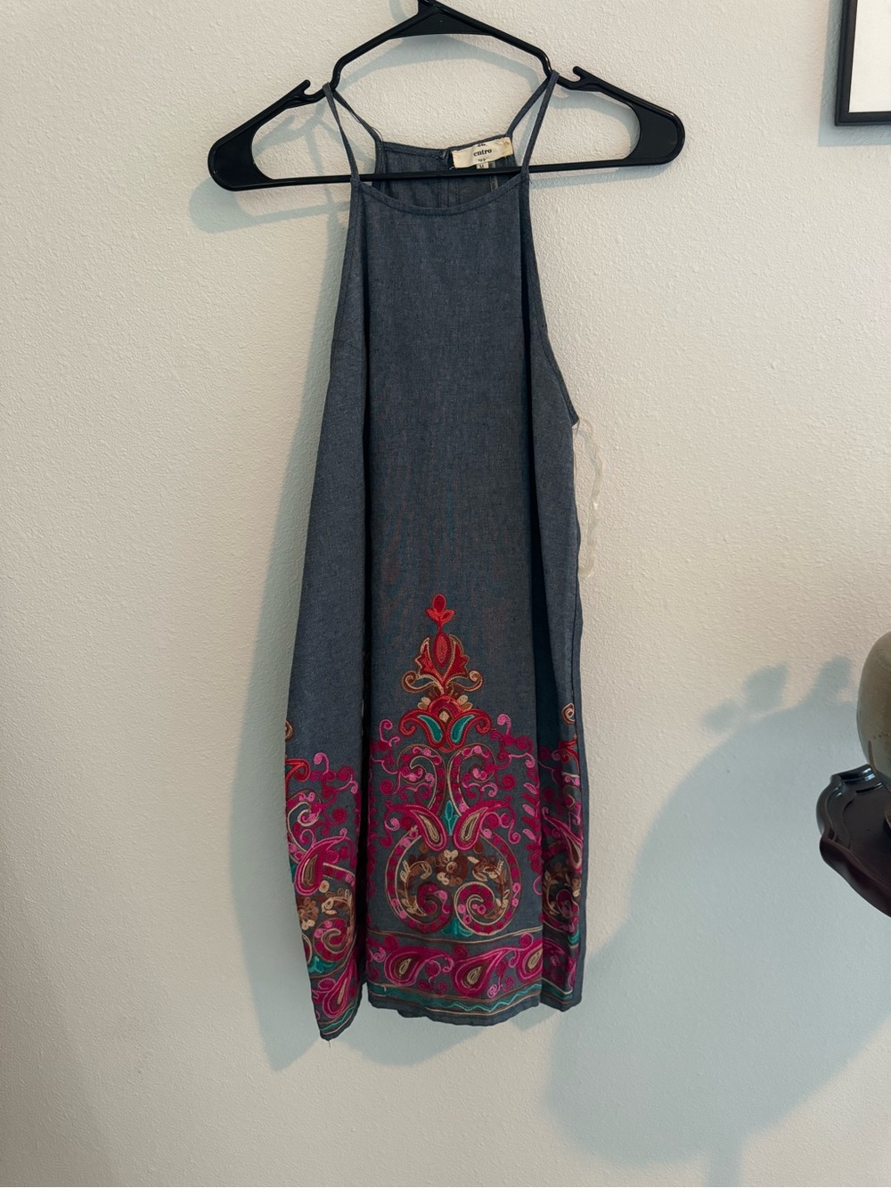 entro Blue Halter Mini Dress with Pink & Gold Border Embroidery